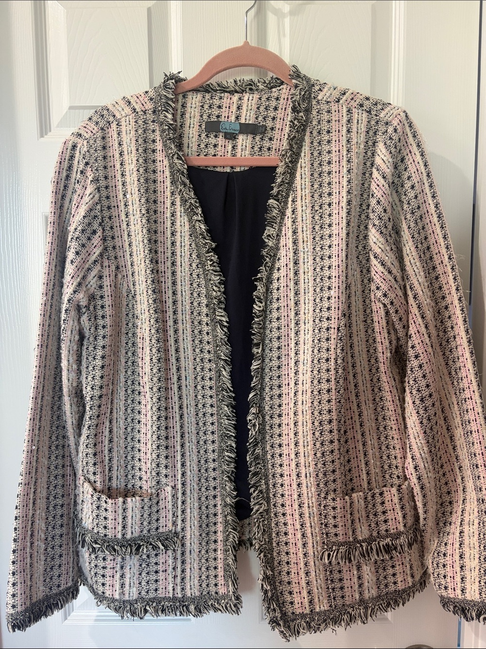 Eva Franco Anthropologie Pink and Black Tweed Fringe Open Jacket XL